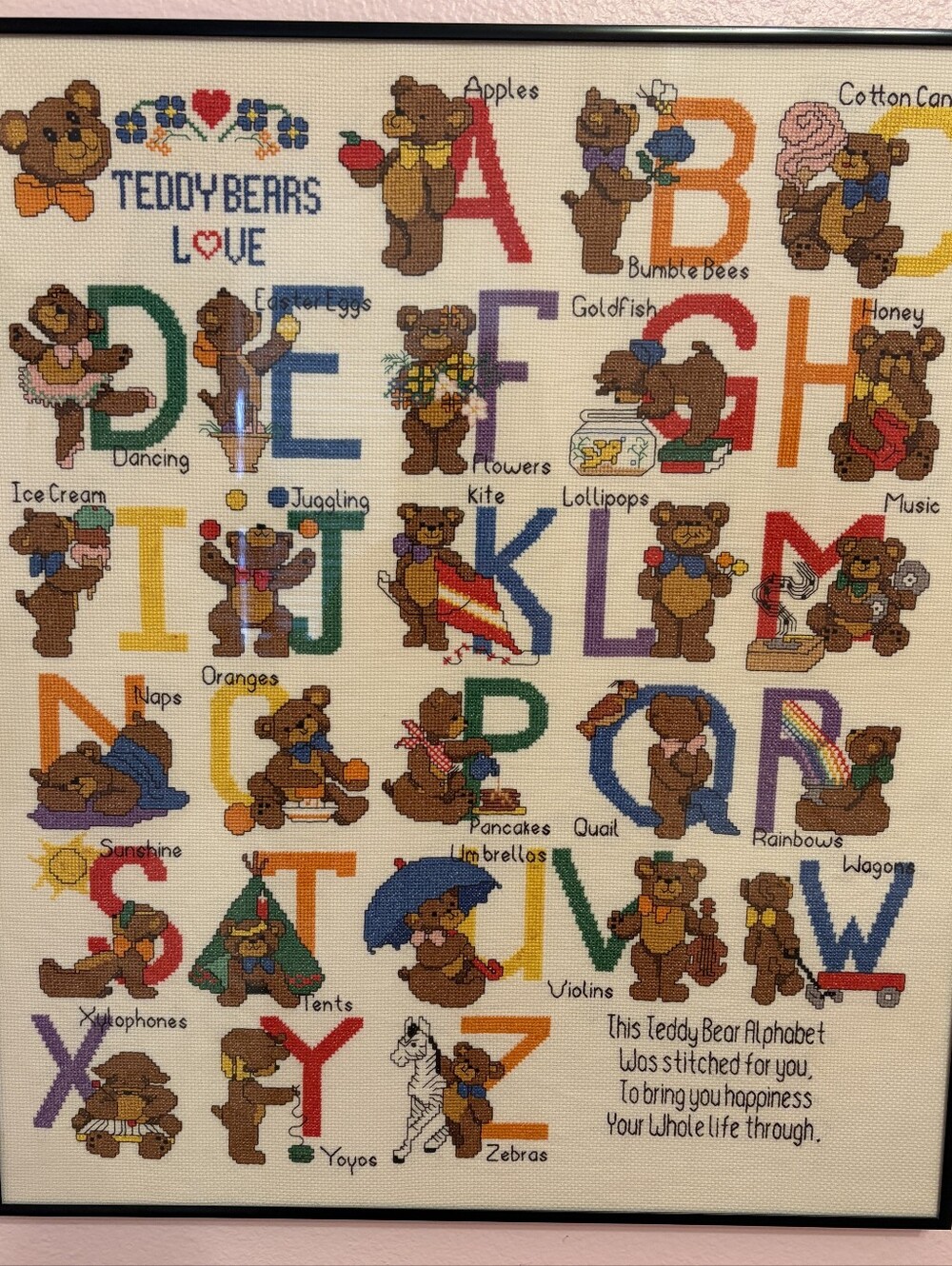Vintage Kappie Originals "Alphabears" Completed Framed Cross Stitch Sampler ABC